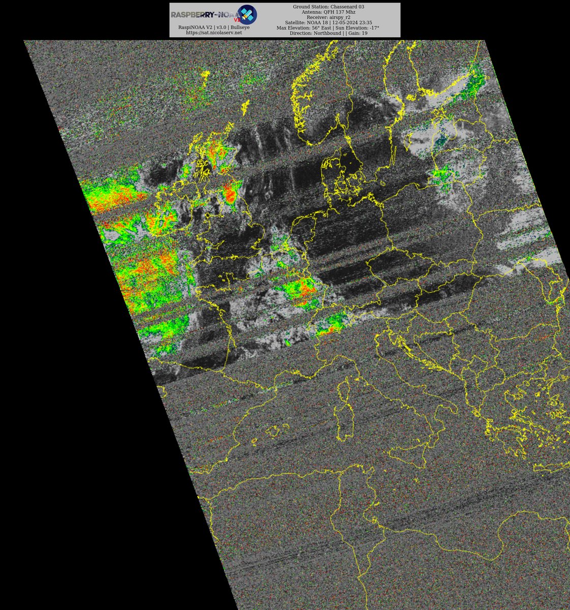 Ground Station: Chassenard 03 NOAA 18 12-05-2024 23:11 CEST  Max Elev: 56° E Sun Elevation: -17° Gain: 19 | Northbound

#NOAA #NOAA15 #NOAA18 #NOAA19 #MeteorM2_3 #MeteorM2_4 #weather #weathersats #APT #LRPT #wxtoimg #MeteorDemod #rtlsdr #gpredict #raspberrypi #RN2 #ISS