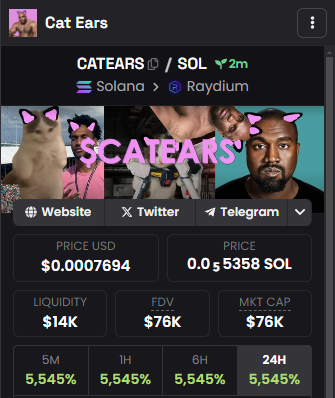 catears_sol's tweet photo. Dexscreener updated. Put the cat ears on, no stopping us. #Solana #catears https://t.co/JohWZAdJ6x