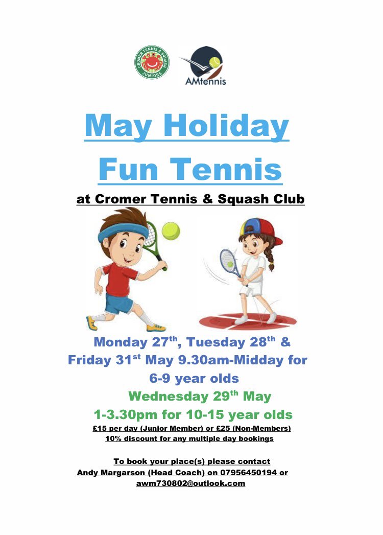 Join us over the May Half-Term Holiday break with our Junior Tennis Mini-Camps

#holidaytennis #getactive #cromertennis <a href="/AMtennis73/">AMtennis</a> #cromer #sheringham #holt #mundesley #northwalsham