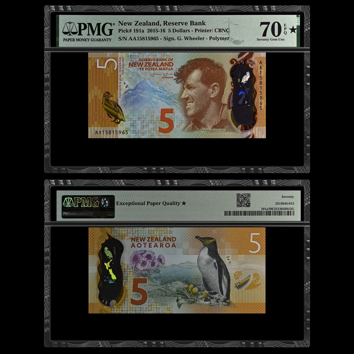 Note of the Day: Another #SuperSunday means another banknote of unsurpassed quality on display. Check out this marvelous New Zealand, Reserve Bank 2015-16 5 Dollars graded PMG 70★ Gem Uncirculated EPQ. Explore more banknotes from around the world at PMG.click/pop