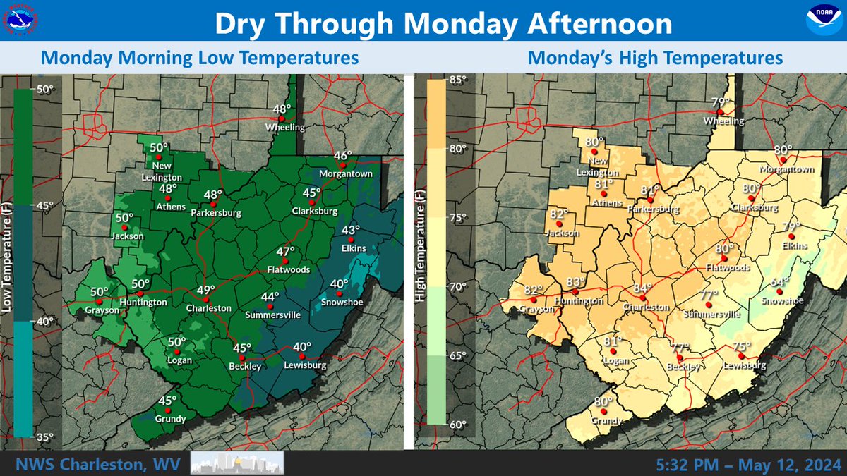 Dry weather can be expected through Monday afternoon, with temperatures Monday afternoon warmer than Sunday's. A system will then bring precipitation to the area Monday night and Tuesday. #wvwx #ohwx #kywx #vawx