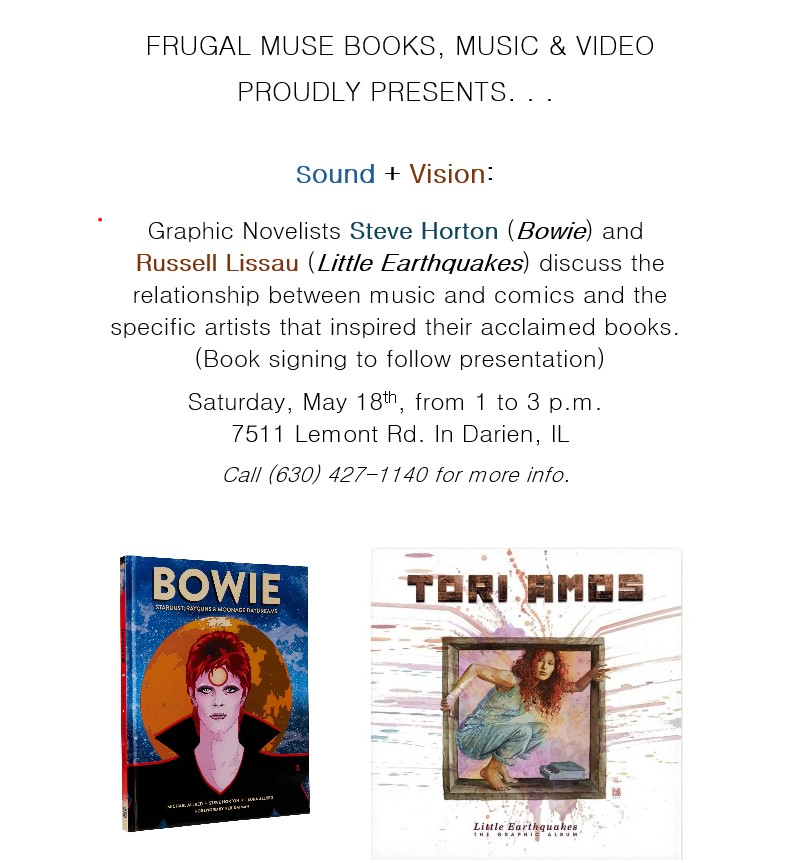 THIS Saturday we're hosting a special event for a couple of superior graphic novelists for a celebration of music, graphic art and narrative at our store in Darien, IL.  Don't miss this unique event, folks!  #frugalmusebooks #indiebookstore