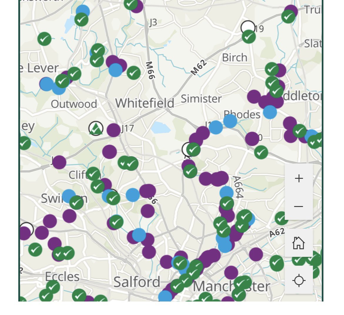 Lots of overflows currently discharging sewage into Manchester’s rivers. Check out the online map here unitedutilities.com/better-rivers/… Interesting choice of blue by @unitedutilities to represent a sewage dump💩 Purple indicates a discharge in the last 24 hours.