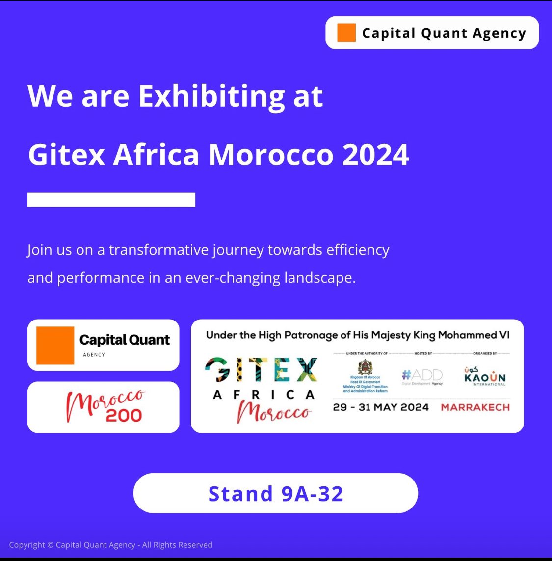 We are delighted to announce that Capital Quant Agency will participate in Gitex Africa Morocco 2024, the largest and most attractive technology event on the continent.

#GitexStartup200 #Morocco200 #GitexAfrica #Gitex #GitexAfricaMorocco #MeetUsAtGitex #Morocco #GitexAfrica2024