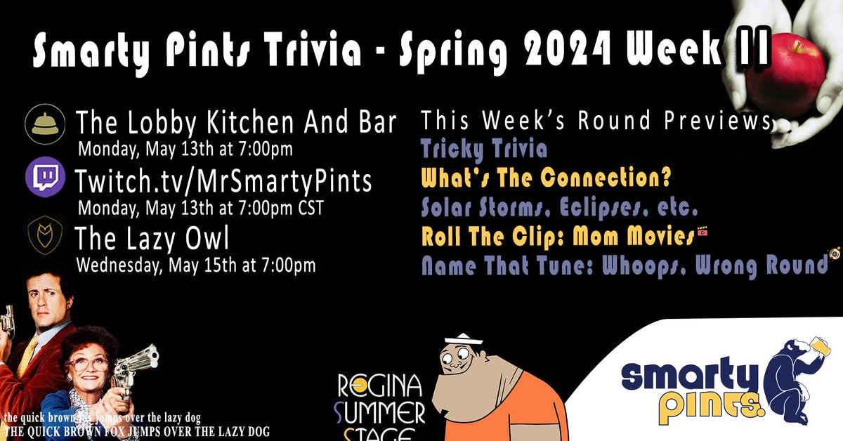 MrSmartyPints's tweet image. Join us for week 2 of Smarty Pints trivia at @thelobbykb , @lazyowlyqr , or online on #twitch! You've got three ways to play this week, so no excuses! Slap on those thinking caps and get your butts to trivia!

Super Secret Free Answer: Skibidi