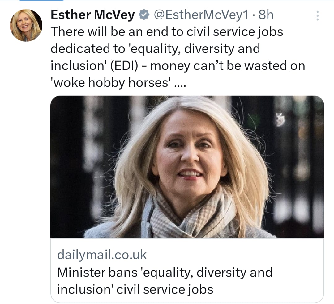 Esther McVey sets out an interesting outline for the next Conservative Party manifesto. Does this not exclude much of the country from civil service jobs? For example, should a woman expect to stay quiet when paid less in the civil service? Is that a woke hobby horse?