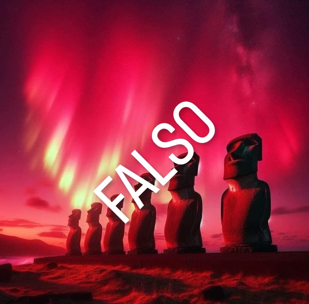 La imagen viral de las auroras australes en Rapa Nui, ampliamente difundida en redes, ha sido confirmada como una creación de inteligencia artificial, no un registro auténtico.

FUENTE: @RedGeoChile