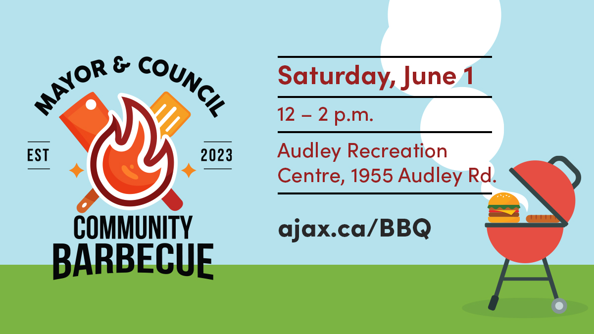 #AjaxCouncil is excited to welcome everyone to our second Mayor & Council Community Barbecue!😀 🗓️Saturday, June 1 ⏰12 – 2 p.m. 📍Audley Recreation Centre ➡️ No registration required! Quantities are limited. First come, first served. Visit ajax.ca/BBQ for details.