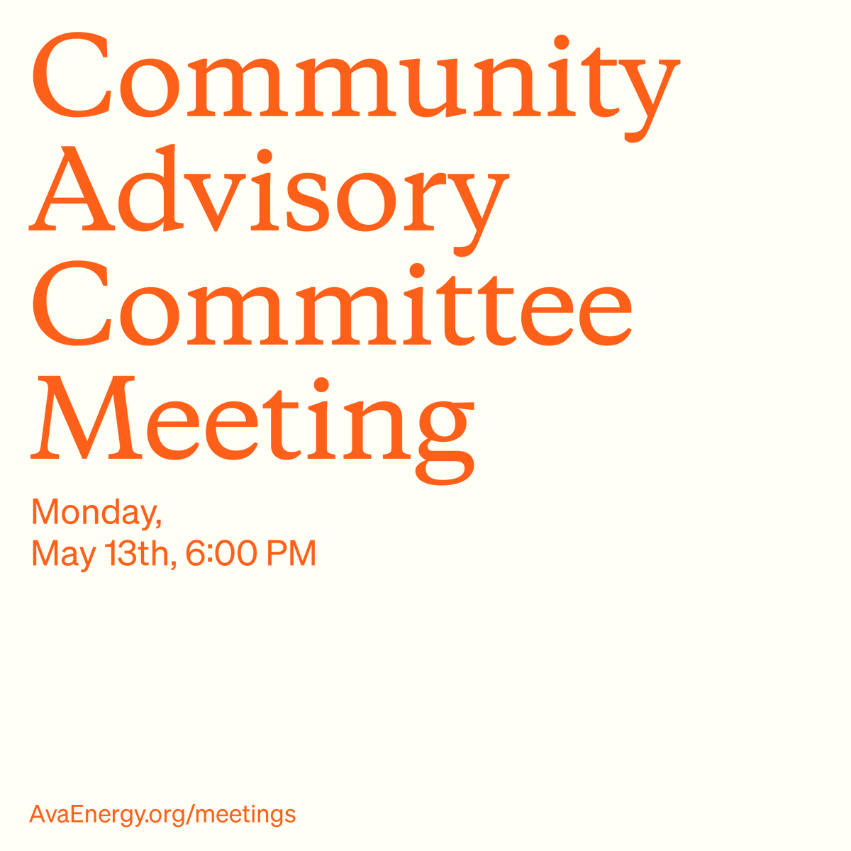 Ava's Community Advisory Committee meets tomorrow, Monday, May 13 at 6pm. Meetings are open to the public and we welcome public comment. This meeting will be held in a hybrid format. Learn more: ow.ly/zrQz50RsKcB