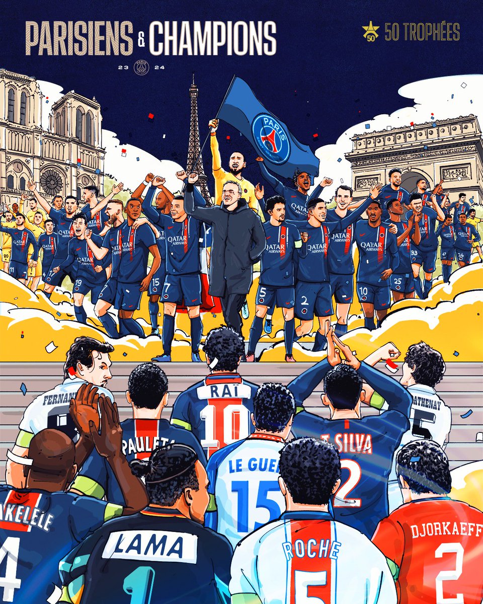 PSG_inside's tweet photo. 𝐏𝐚𝐬𝐬𝐞́. 𝐏𝐫𝐞́𝐬𝐞𝐧𝐭. 𝐅𝐮𝐭𝐮𝐫 🏆

Merci à l’ensemble des joueurs, anciens et plus récents, qui ont contribué à l’obtention de ces 𝟓𝟎 trophées ❤️💙

#ParisiensEtChampions ✨ https://t.co/vDLswNkijz