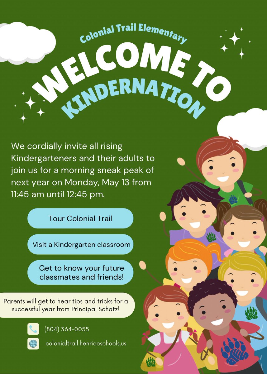 Check out details below to learn about our Welcome to Kindernation event for all rising Kindergarteners! We can’t wait for our newest Cubs to be @colonialtrail with us soon! #wearecubnation @HenricoSchools