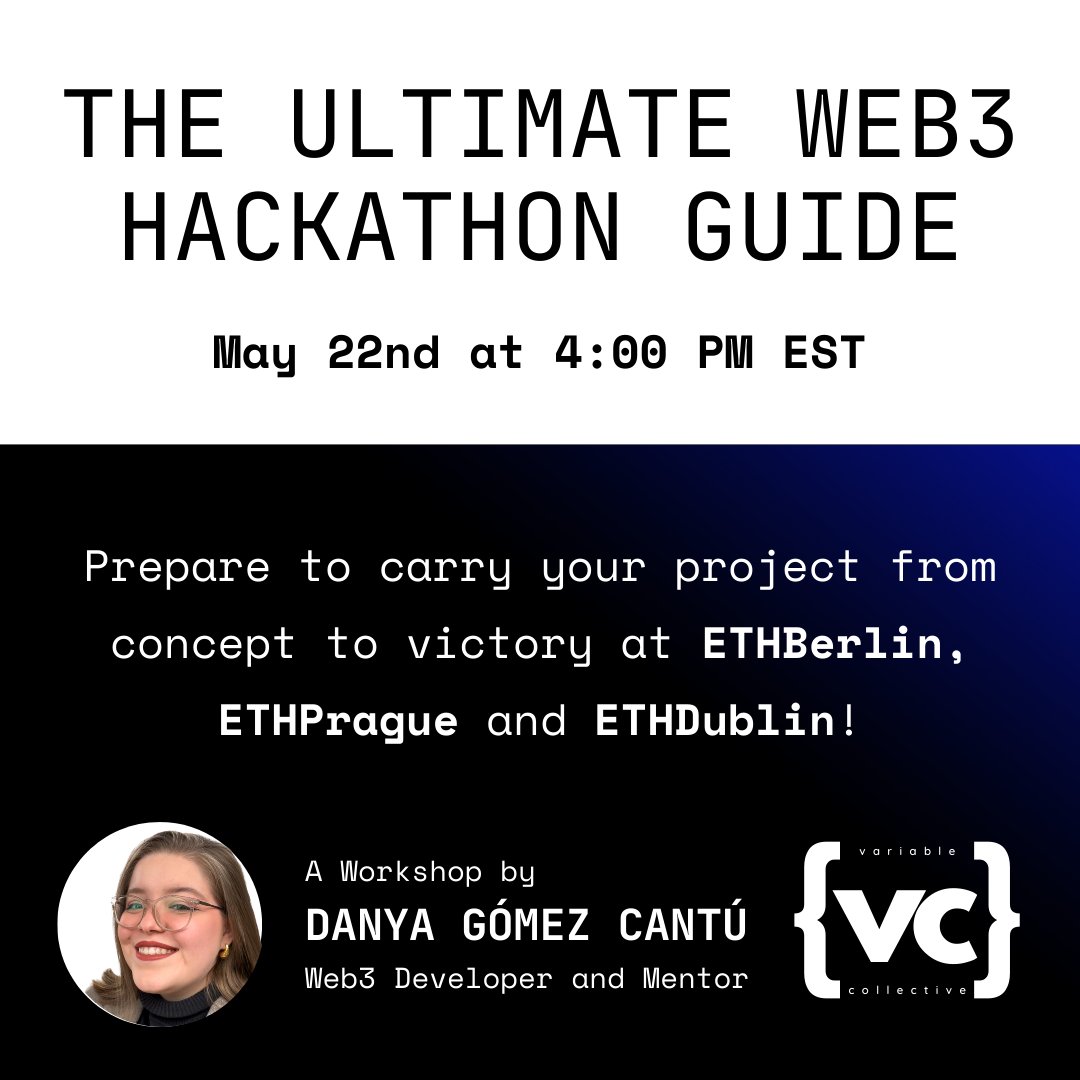 gm! We have a new workshop coming up on May 22nd 🌟 Ready to conquer #ETHBerlin, #ETHDublin and #ETHPrague?

Gear up for success with The Ultimate Web3 Hackathon Guide 🚀 Master the essentials, find your role, perfect your pitch and more in 90 mins!

RSVP: lu.ma/7qmqe2zx
