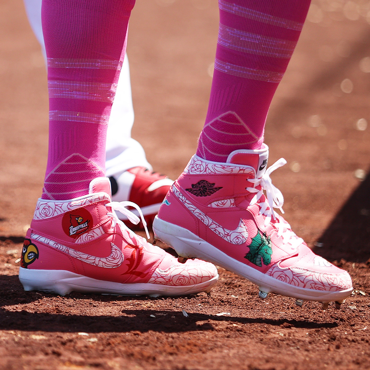 Angels outfielder Jo Adell is wearing custom Jordan cleats that feature logos of the schools where his mom, Dr. Nicole Adell, has taught at, as well as the University of Louisville where she earned her doctorates degree