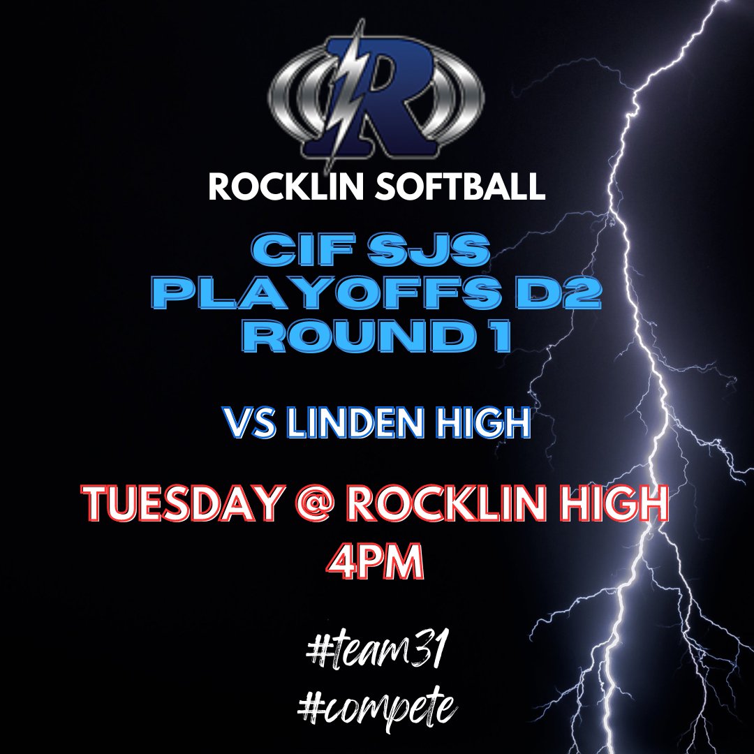 Come on out to support us against Linden High on Tuesday at 4pm for round 1 of the SJS playoffs. Let's go Rocklin!! @RocklinSports @SacMaxPreps @J_Georgeson26 @Pete24Dufour @KCRA3HSPlaybook @ThePlacerHerald @WCPSacramento @A2J15 @CoachJimmy22