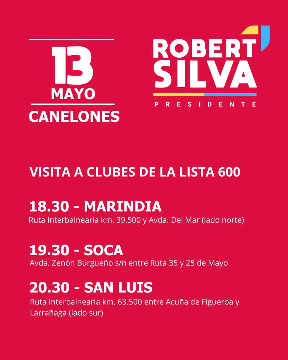 @RobertSilvaUy mañana en Costa de Oro 👇 18.30 Marindia 19.30 Soca 20.30 San Luis #ElCorajeDeHacer #Crece #RobertSilvaPresidente