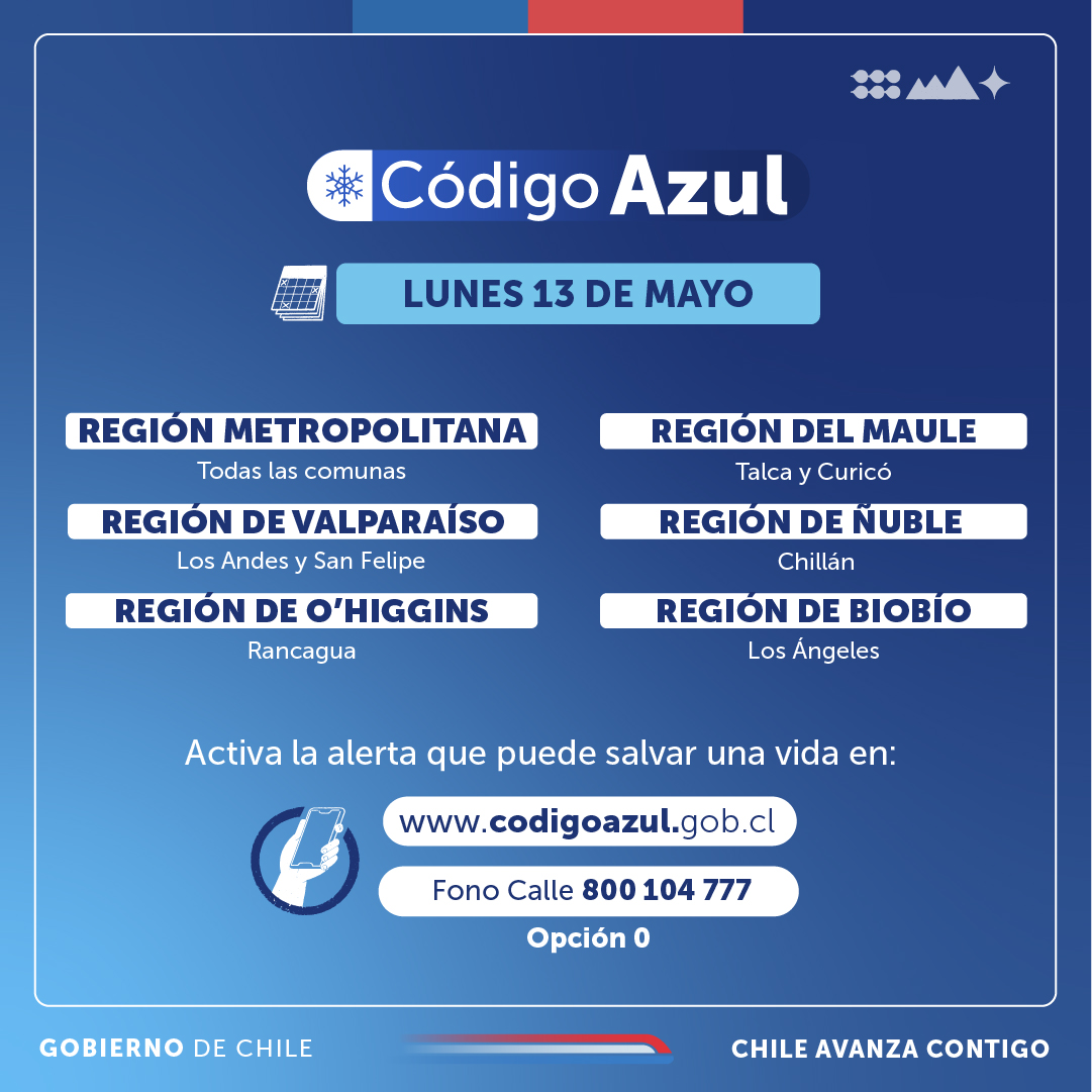 GobiernodeChile's tweet photo. Ante las condiciones meteorológicas anunciadas para los próximos días, activamos el #CódigoAzul en seis regiones del país.

Recuerda que tu acción puede salvar una vida, si ves a alguien en situación de calle llama al Fono Calle 800 104 777, opción 0. 📲 https://t.co/5R4840IsK3