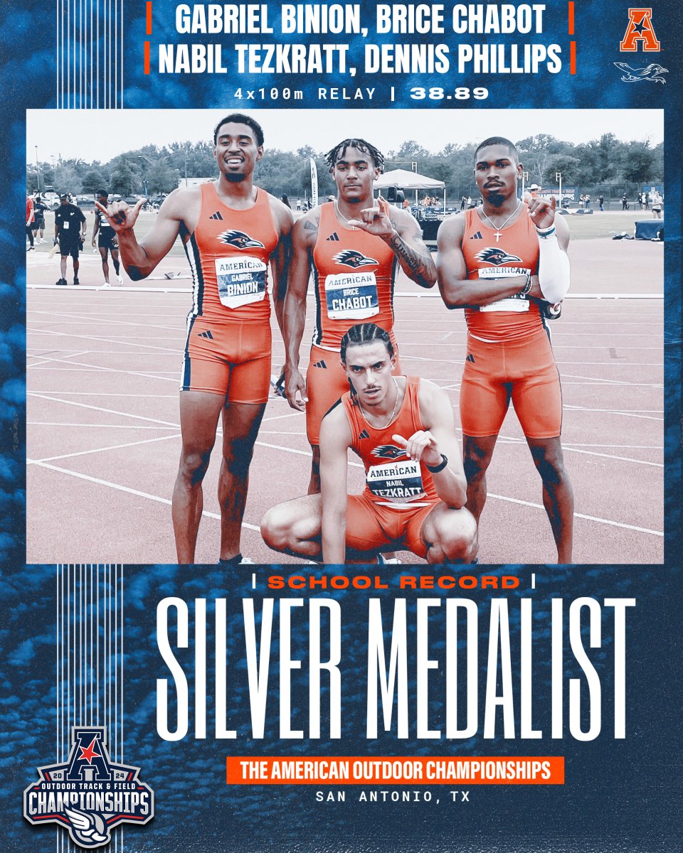 Roadrunner men's 4x100m squad of Gabriel Binion, Brice Chabot, Nabil Tezkratt and Dennis Phillips absolutely 💣 the school record with a 38.89 for the 🥈 and the 11th-best time in the nation!

#BirdsUp🤙 | #LetsGo210