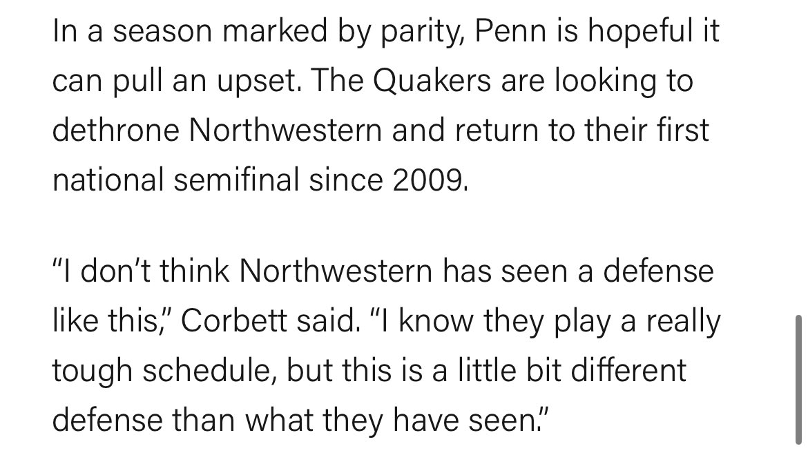 Penn coach Karin Corbett with an interesting quote ahead of the Quakers’ Thursday tilt in Evanston at No. 1 seed Northwestern.