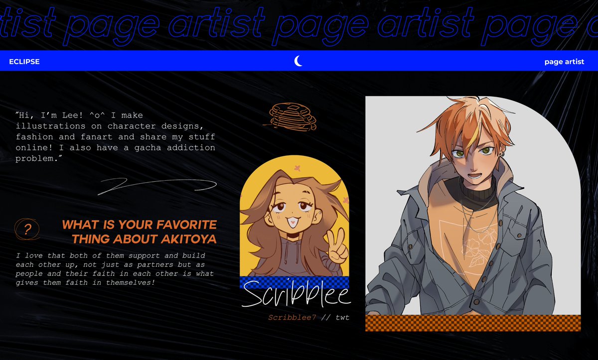 aktyzine's tweet image. ⋆⁺₊⋆ ☾ CONTRIBUTOR SPOTLIGHT⋆⁺₊⋆

We’re honored to feature @Scribblee7 today! Her charming figures and dynamic poses really bring Akito and Toya to life! We’re excited to see her work for ECLIPSE!