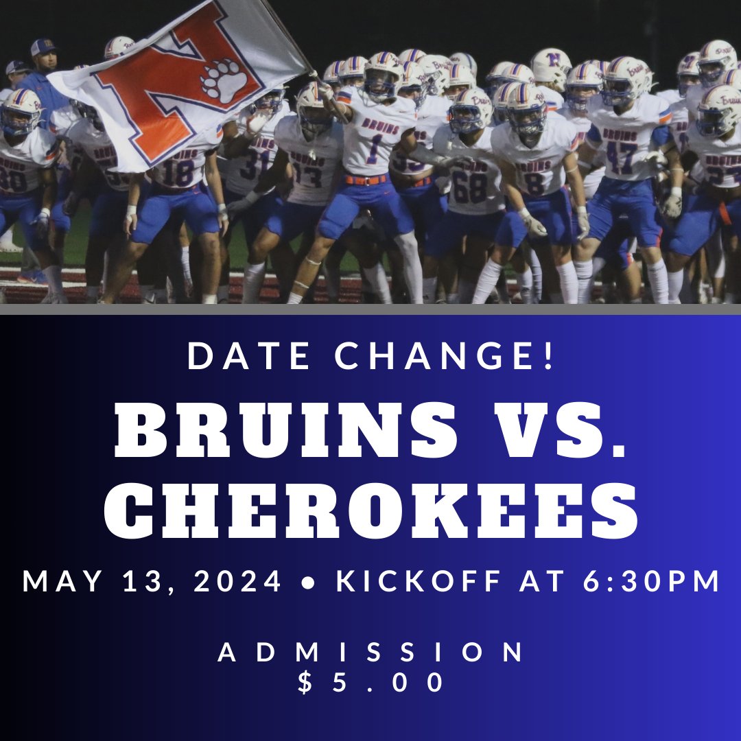 Due to incoming severe weather, the spring football game has been moved to tomorrow evening at 6:30! We hope to see you all come out and cheer on the Bruins!