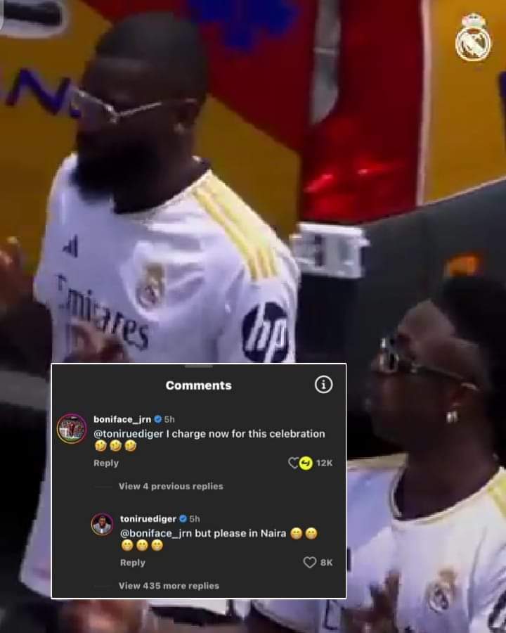 Between @ToniRuediger and @boniface_jrn on IG 📱😅

Real Madrid players were cruising with Victor Boniface's trademark celebration 🥳😀

This our Naira don see shege pro max
