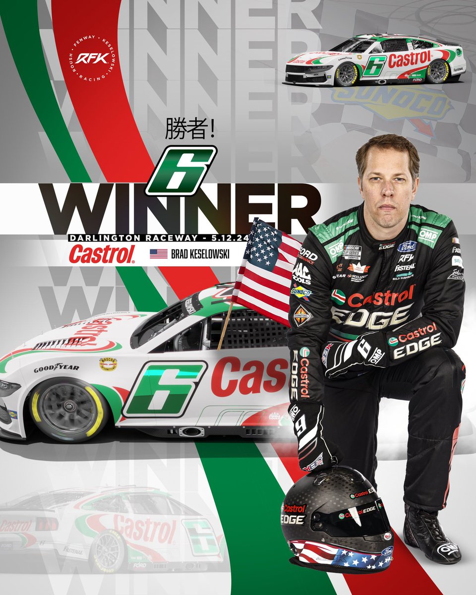 FINALLY. THE WAIT IS OVER. @keselowski DRIVES THE LEGENDARY TOM’S CASTROL THROWBACK INTO VICTORY LANE IN DARLINGTON! HIS FIRST WIN WITH RFK! @Castrolusa | #NASCAR