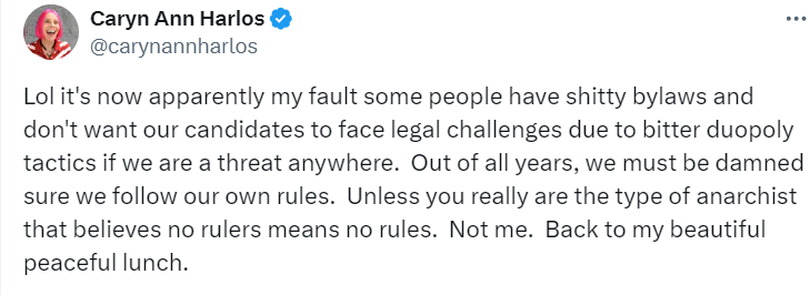 It is entirely your fault (own it!) that you have made it a mission to use bylaws as a weapon to disenfranchise non mises libertarians across the country. Have RONR Will Travel. You and your cohort JJ are a disgrace but you trump him, being an actual party member as you destroy…
