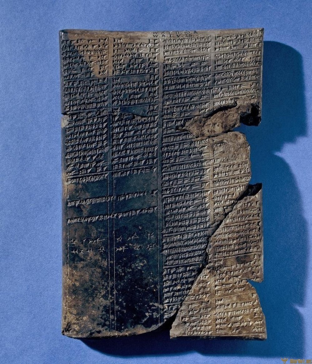 A 700 BC Sumerian-baked divorce tablet from the library of Ashurbanipal at Nineveh. It has bilingual texts in ancient Sumerian & Akkadian in 2 different columns
 
The text reads: 'If a wife hates her husband and says to him 'You are not my husband,' he may drown her in the river'