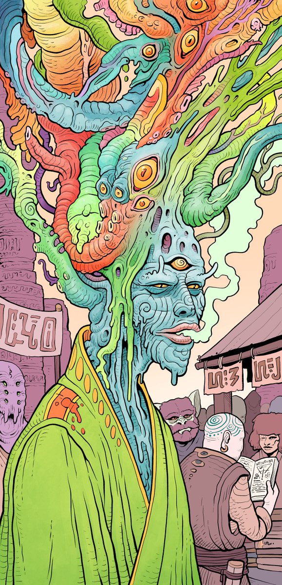 💀Who needs 'Lucy in the Sky with Diamonds' when this is your brain on the 'Necronomicon?' Groovy, Daddio!🎨Art: Tim Molloy (from an upcoming illustrated, 'Dream Quest of Unknown Kadath' RPG book💀#HPLovecraft #Lovecraftian #HorrorArt #Horror