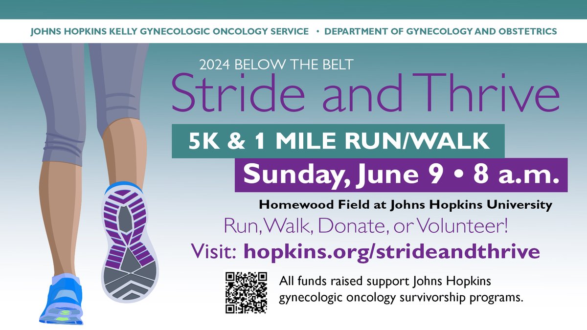Did you know every 4.6 minutes a woman in the U.S. is diagnosed with a gynecologic cancer? Take steps to make a difference by joining us for the Johns Hopkins Kelly Gynecologic Oncology Service Stride & Thrive 5K Run and 1 Mile Walk. bit.ly/4ag976P