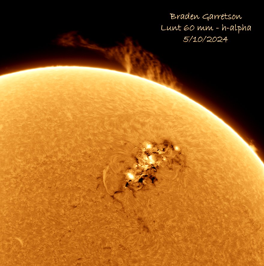 BradenGarretson's tweet photo. Because of all the solar activity and excitement around the sun the past few days, I went out and took some images/timelapses using our departments new solar scope.

It's crazy how active the sun is as it approaches solar maximum! 

#sun #NorthernLights https://t.co/ouO47bCRU2