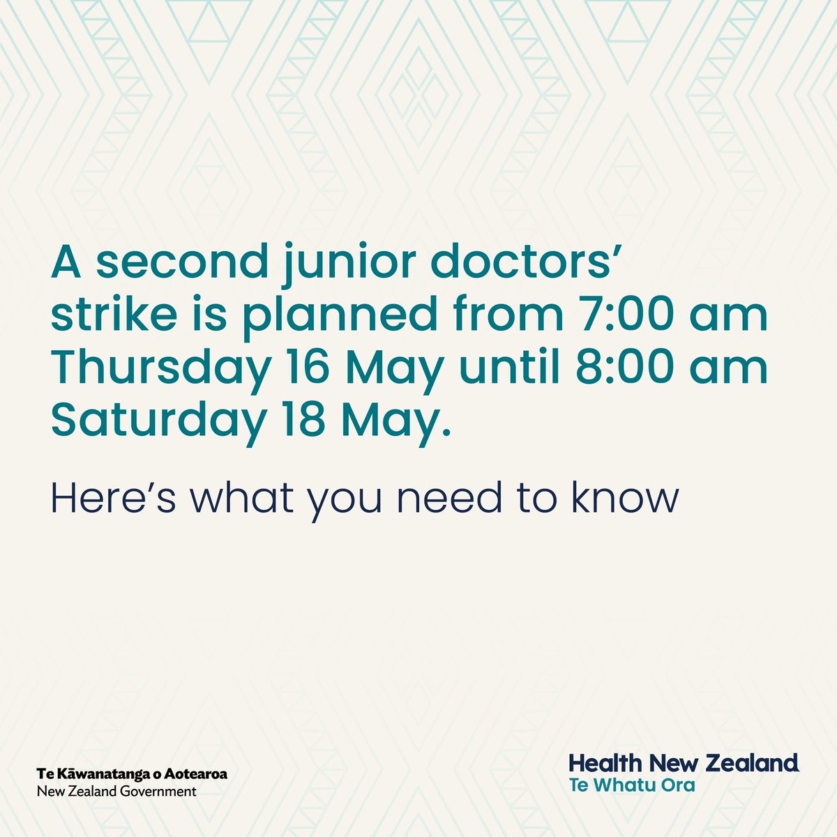 Some of our junior doctors intend to strike for a second time, from 7:00am Thursday 16 May until 8:00am Saturday 18 May.

If the strike goes ahead, all emergency departments will remain open and hospital patients will receive safe care.