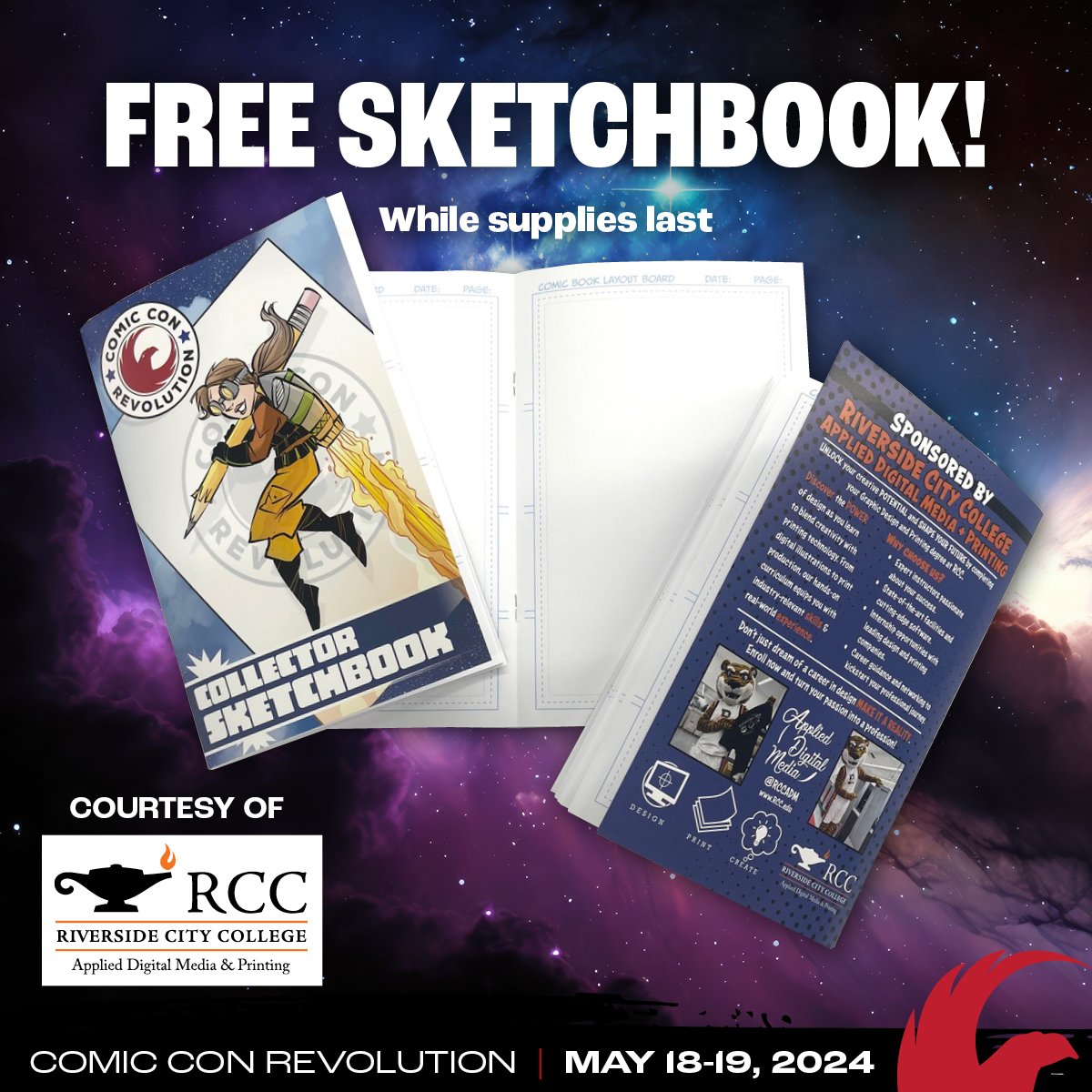 ✏ Get your FREE SKETCHBOOK (while supplies last each day!) thanks to our #ComicConRevolution sponsor Riverside Community College! Pick up yours early before they run out! Tix: CCRTix.com #comiccon #inlandempire #sanbernardino #ontariocalifornia #socal