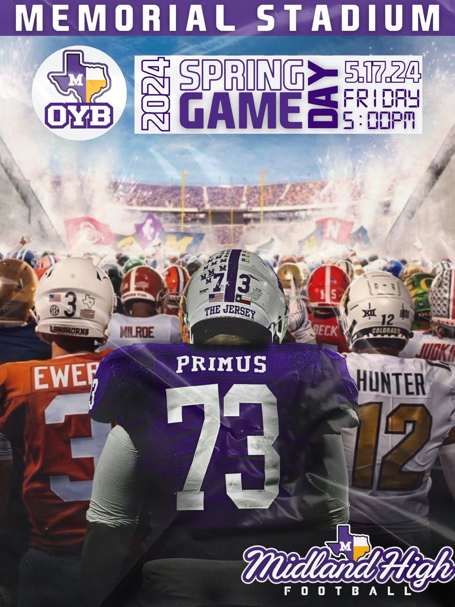 Heard there was a new game coming soon… might have to check it out! 👀🎮 🏈2024 SPRING GAME 📍 Midland, TX 🏟 Memorial Stadium 📆 5.17.24 ⏰ 5:00/6:00PM 🎟 Free admission 📺 **Broadcast information coming soon More info coming soon! 🟣⚪️ #OYB