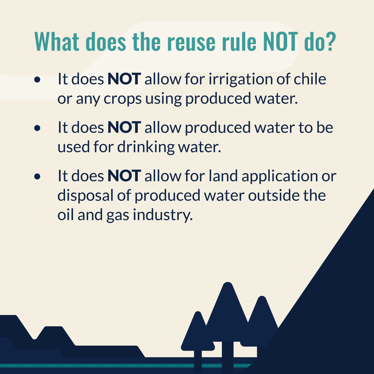New Mexico's water crisis demands action. We're proposing new water reuse rules to protect our water, NOT allow the release of water leftover from fracking. Swipe left to learn how these regulations protect our water by prohibiting the release produced water.