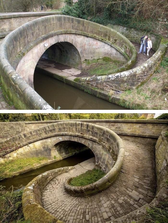A turnover bridge.

Built like this so a horse could go from one side of the towpath to the other without unhitching from the barge it was pulling.