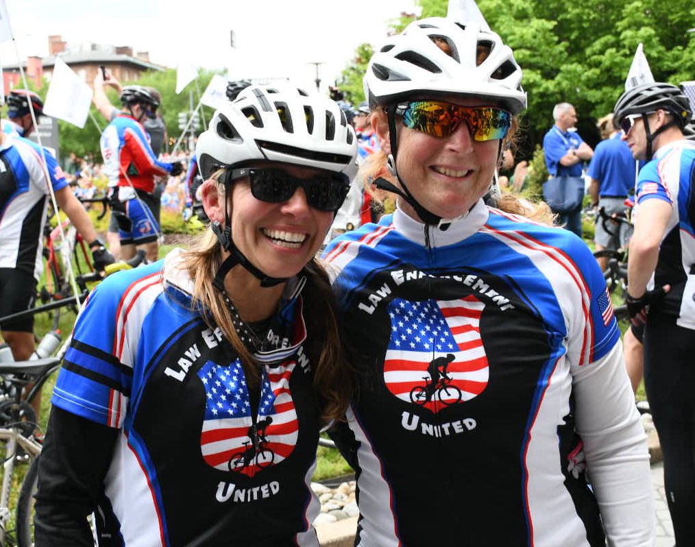 Eileen Rafferty rides for her husband, Detective Patrick Rafferty. Lisa Tuozzolo rides for her husband, Sergeant Paul Tuozzolo. As they arrive at the @NLEOMF in Washington D.C., we renew our solemn vow to #NeverForget our fallen heroes — during #PoliceWeek and every day.