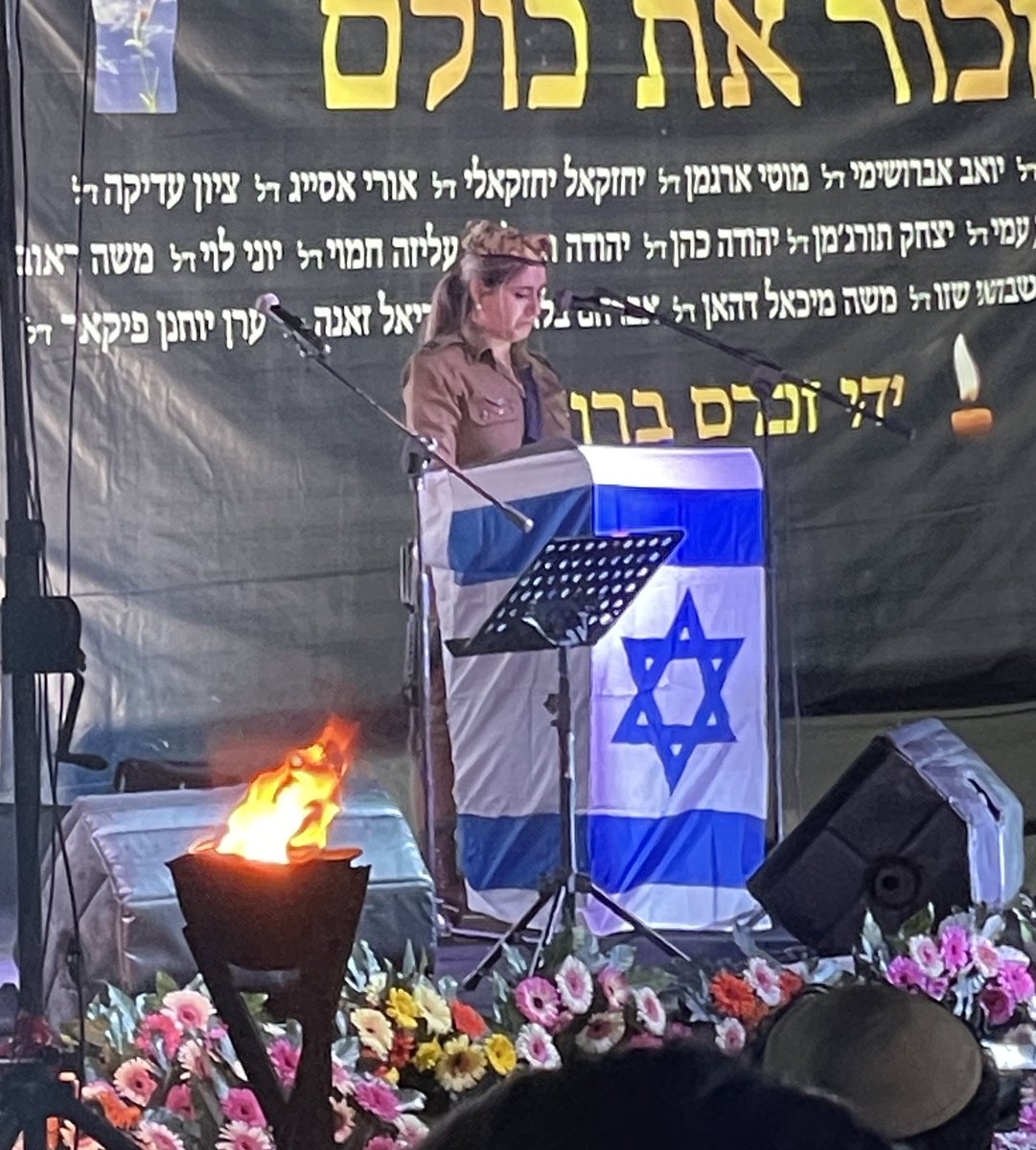This 22-year-old officer spoke at the Yom HaZikaron (Memorial Day) ceremony in my neighborhood. She is the niece of an uncle she never met, killed before she was born, and she lost several soldiers on October 7. I cannot imagine carrying so much pain at such a young age.
