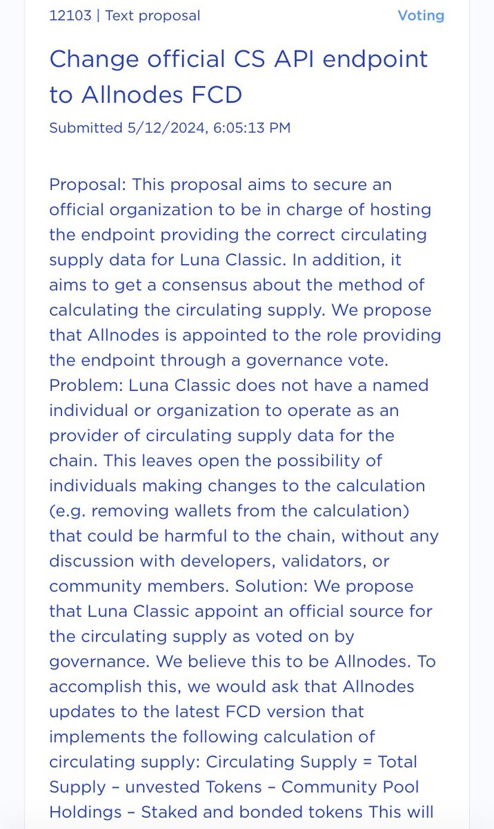 BREAKING: $LUNC proposal #12103 allowing #Allnodes to host the endpoints of the #LunaClassic supply is now live for voting on station wallet.

This would protect against single individuals making unauthorized changes to the supply without approval. 💎🤲🏻 #Crypto #LUNC