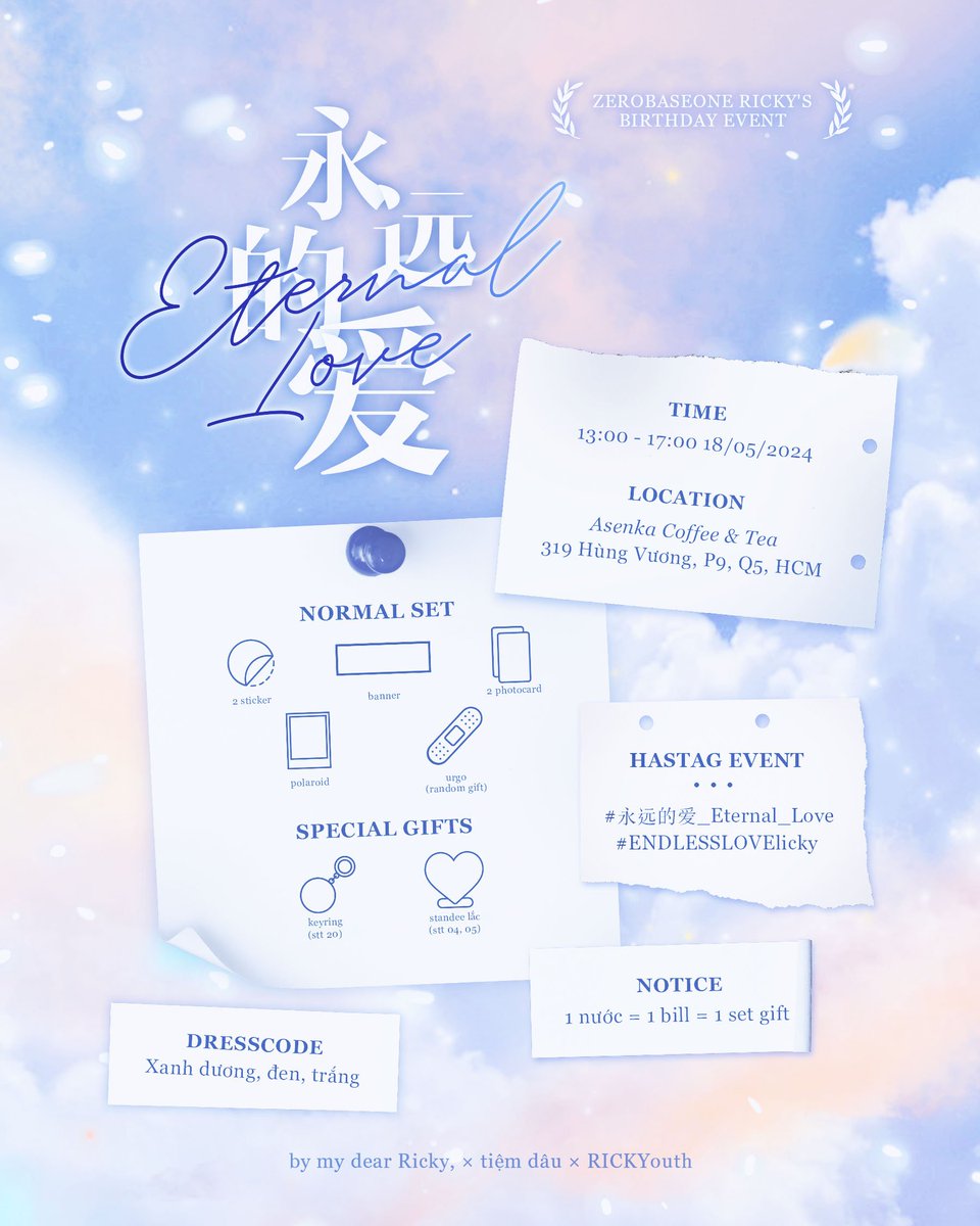 [𝗘𝗡𝗗𝗟𝗘𝗦𝗦 𝗟𝗢𝗩𝗘𝗟𝗜𝗖𝗞𝗬 𝗣𝗥𝗢𝗝𝗘𝗖𝗧 𝗖𝗛𝗔𝗣𝗧𝗘𝗥 𝟱: '永远的爱 𝙴𝚝𝚎𝚛𝚗𝚊𝚕 𝙻𝚘𝚟𝚎' FREEGIFT + CHARM BRACELET WORKSHOP]

📆  May 18, 2024
📍 Hanoi, Vietnam
📍 Ho Chi Minh City, Vietnam

#永远的爱_Eternal_Love
#ENDLESSLOVElicky
#RICKY #리키 #沈泉锐 #ZB1