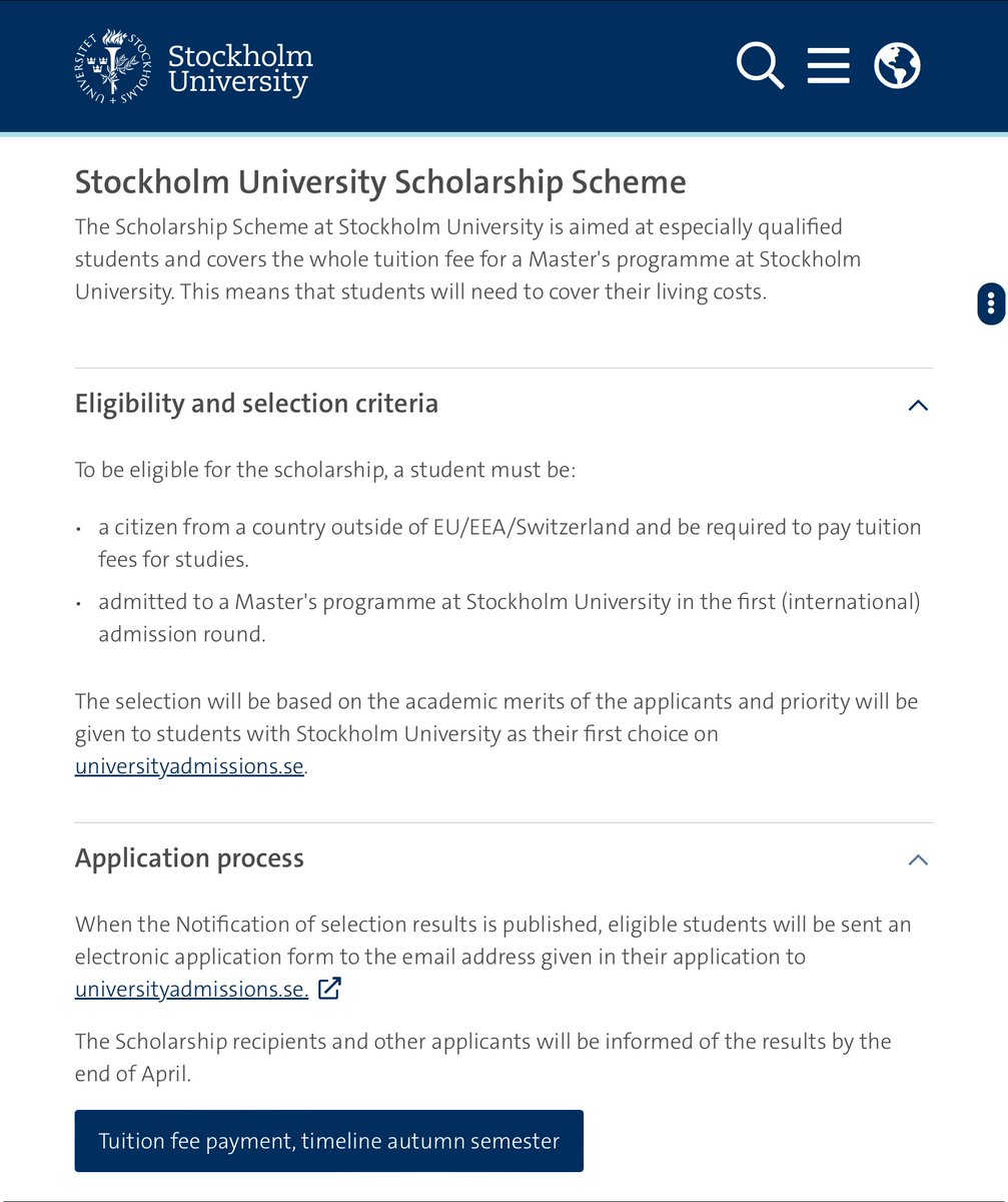 STUDY FOR FREE FOR MASTERS STUDENTS TO SWEDEN 

full tuition fee waiver

University Scholarship Scheme at Stockholm University 

Deadline: August 15, 2024

Want to work with me? I will guide you to apply for 3 scholarships. DM for terms