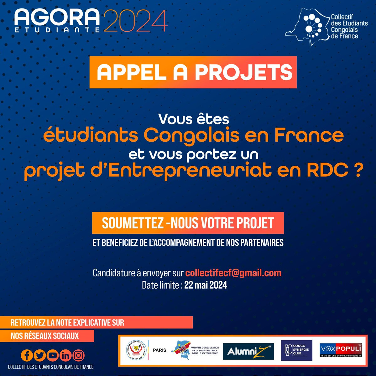 Vous êtes #étudiants congolais en France et avez une idée #entrepreneuriale brillante?🤔 Rejoignez-nous le samedi 25 mai 2024 lors de l ‘Agora Étudiante pour présenter votre projet et gagner l’opportunité de le concrétiser🤩
                                   1/2