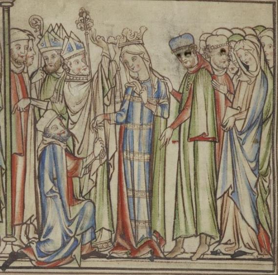 Edith of Wessex, Queen of England through her marriage to Edward the Confessor, being coronated in the Cambridge University Library, by Matthew Paris. Unlike most English queens in the 10th and 11th centuries, she was crowned.