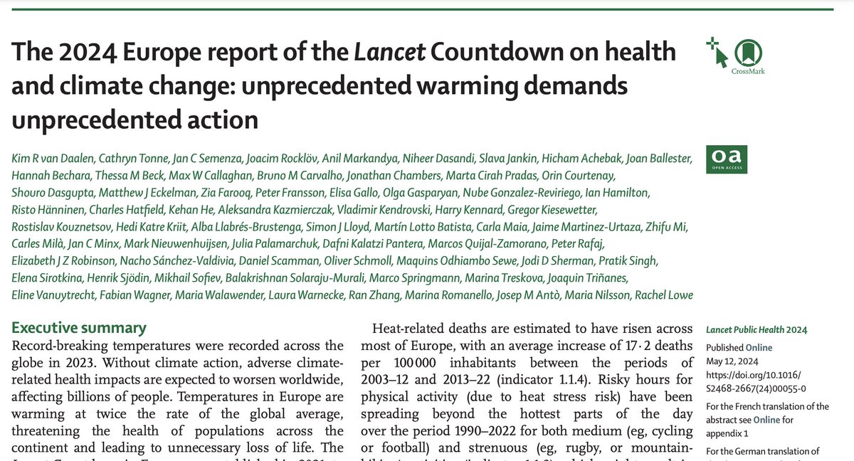 ✨NEW PUBLICATION✨ The 2024 Europe report @TheLancetPH emphasises that #climatechange🌍 already negatively affects health within & beyond Europe, and that these impacts are likely to worsen - affecting the well-being of billions #climatehealth24 Full📰 thelancet.com/journals/lanpu…