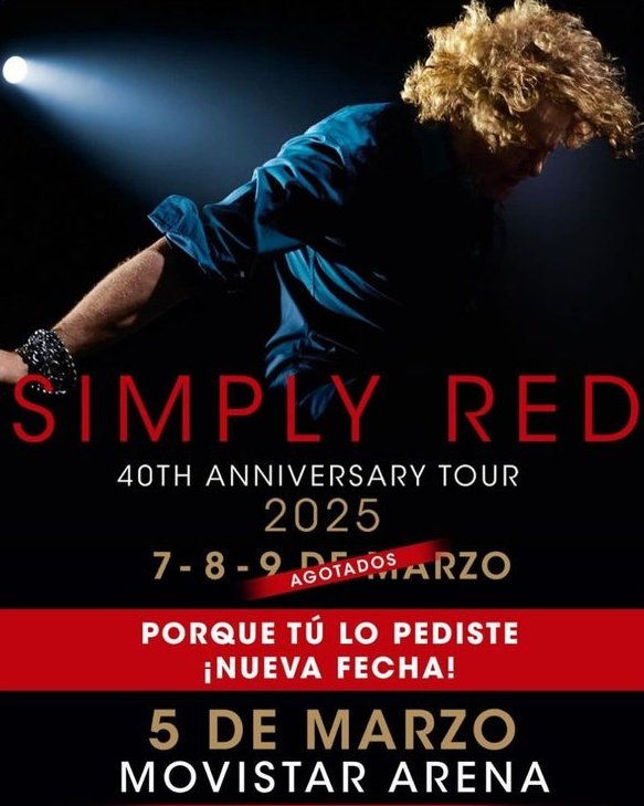 SIMPLY RED agota su tercer show en #Santiago 🇨🇱 y agrega cuarta presentación para el 5 de marzo.
#40thanniversaryTour