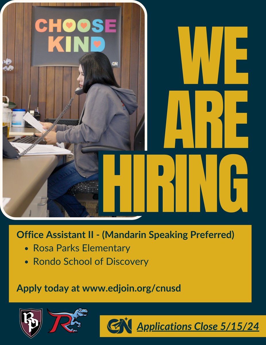 📣 We are hiring for two Office Assistant II (Mandarin Speaking Preferred) positions! Interested in applying? Click the links below. ➡️ Rondo School of Discovery: bit.ly/3URzJGL ➡️ Rosa Parks Elementary: bit.ly/4b8OF9j