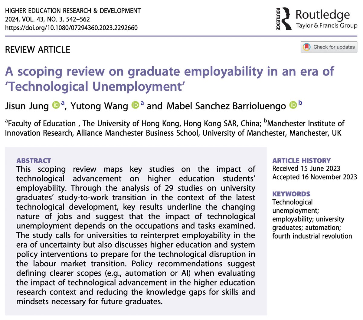 A scoping review on graduate employability in an era of ‘Technological Unemployment’

@JisunJung, Yutong Wang &amp; @MSBarrioluengo

→ doi.org/10.1080/072943…

#HigherEd #Employability #TechnologicalUnemployment #UniversityGraduates #4thIndustrialRevolution #GraduateEmployability