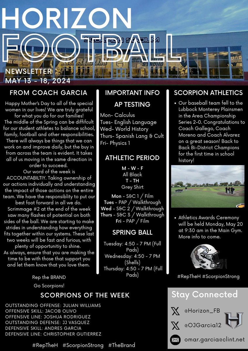 Football Program Newsletter, Week of May 13 - 18, 2024. #RepTheH #ScorpionStrong #TheBrand