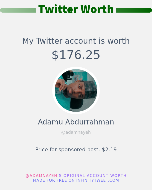adamnayeh's tweet photo. My Twitter worth is: $176.25

➡️ https://t.co/XQXuFaOVvP https://t.co/wNV7ePMfCt